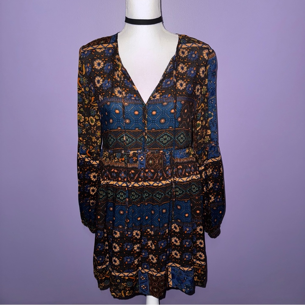 Altar’d State Bohemian Long Sleeve Floral Print Mini Dress